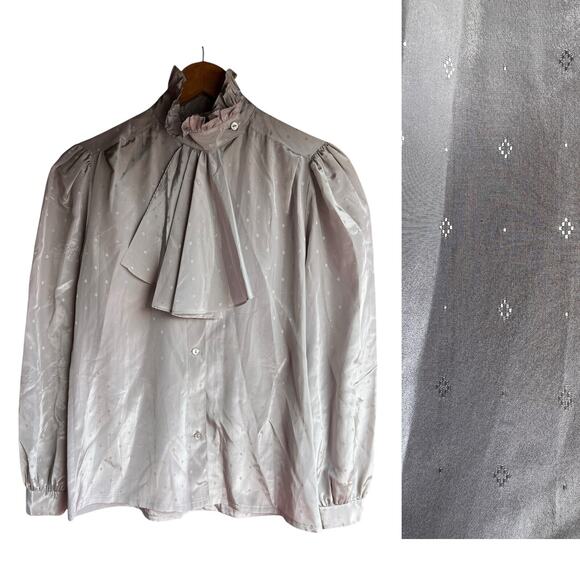 Carson Pirie Scott Tops - Vintage Gray Ruffled Mock Neck Diamonds Romantic Long Sleeve Satin Blouse Sz M